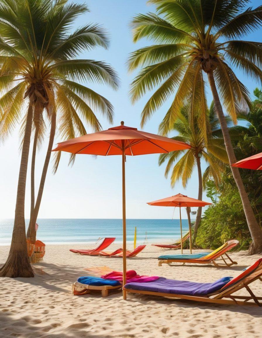 A sun-drenched beach scene featuring a diverse group of people in stylish bikinis, capturing vibrant moments with colorful umbrellas and beach props. Emphasize natural lighting reflecting off the waves, while showcasing outdoor lifestyle activities like beach volleyball and relaxing hammocks. Incorporate tropical plants in the background to evoke a summer vibe. super-realistic. vibrant colors. sunny backdrop.